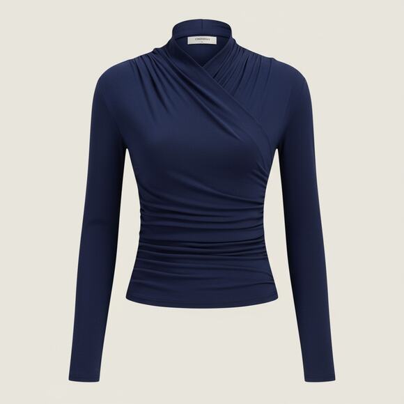 Commense Cross-Over Collar Cinched Long Sleeve Top Navy Blue Jersey NWT Size XL - Picture 4 of 6